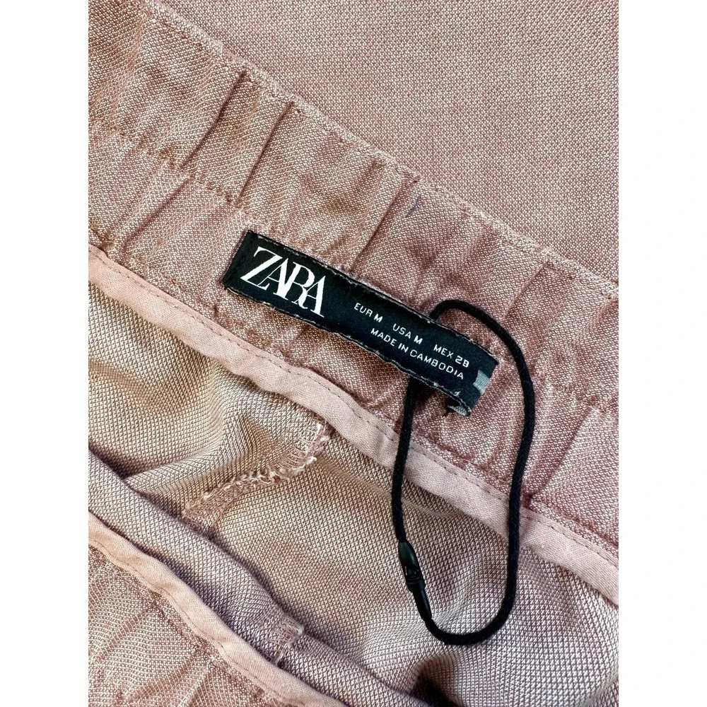 Zara Cotton Blend Cropped Pants Size M Cuffed Wide Hem Ankle Dusty Pink Coastal